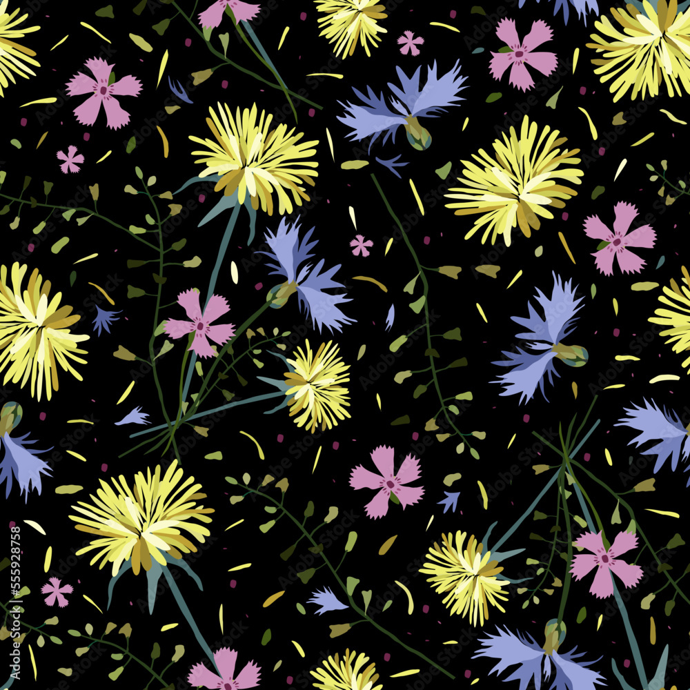 Vector seamless floral pattern with wildflowers on black background. Dandelions, cornflowers, wild carnations and herbs. Vector seamless floral pattern with wildflowers on black background. Dandelions, cornflowers, wild carnations and herbs.
