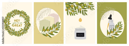 Set of cards with olive branches, organic product, soap, lettering. Beauty prints for wall decor, greeting cards. Hand draw vector illustration