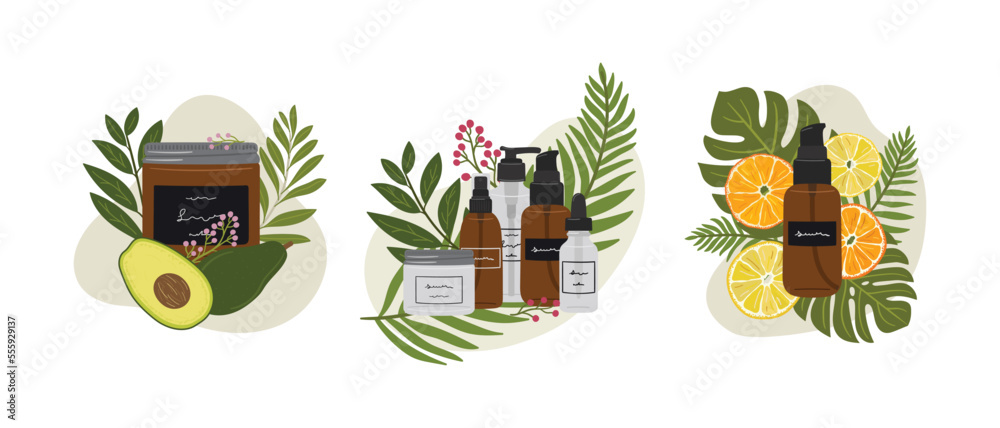 Fototapeta premium Set of compositions with organic cosmetic products in bottles, jars for skin care with abstract shape and greenery. Cleanser, tonner, serum, cream product. Hand draw vector illustration