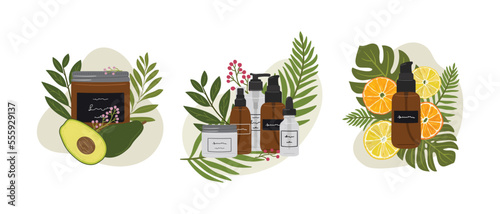 Set of compositions with organic cosmetic products in bottles, jars for skin care with abstract shape and greenery. Cleanser, tonner, serum, cream product. Hand draw vector illustration