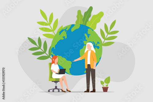 Businesswoman and her menotr with world map 2d vector illustration concept for banner, website, illustration, landing page, flyer, etc.