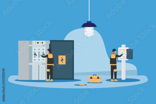 Electrician engineers working with breaker & fuse box 2d vector illustration concept for banner, website, illustration, landing page, flyer, etc.