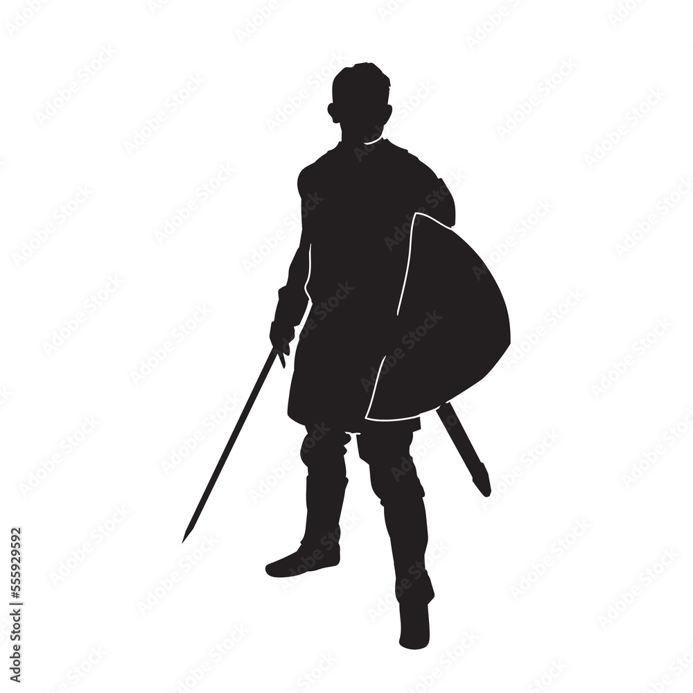 Medieval knight wearing armor and holds long sword. Black vector silhouette. Medieval knight wearing armor and holds long sword. Black vector silhouette.