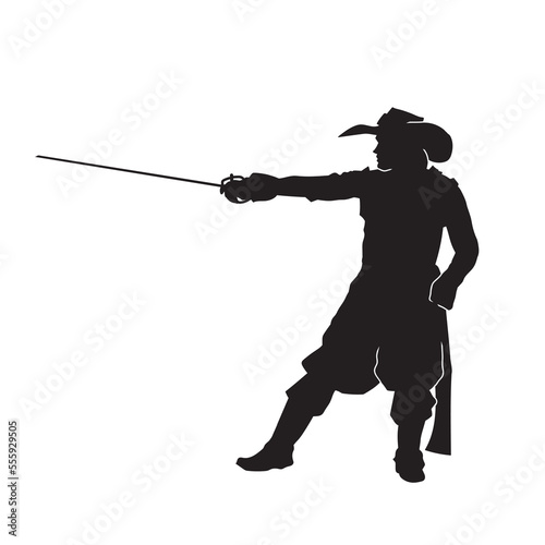 Musketeer with sword detailed isolated vector silhouette.