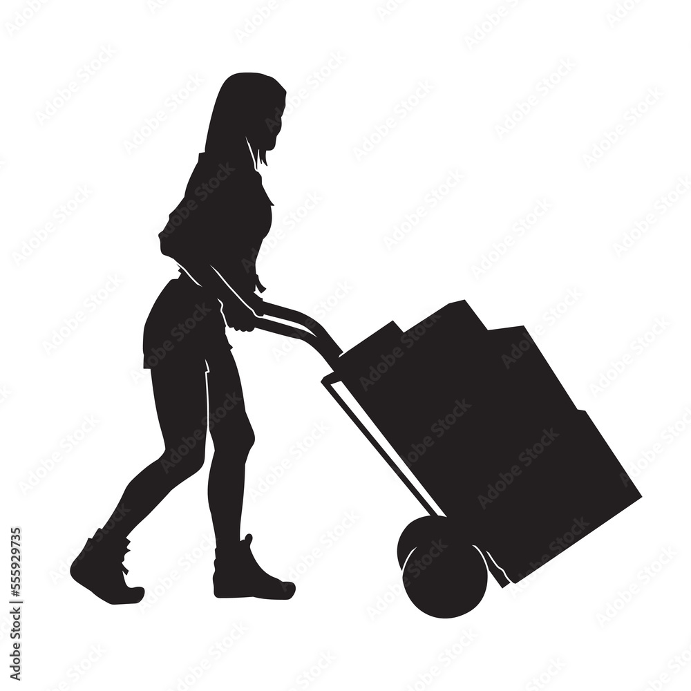 Illustration of a female porter carrying goods using a trolley. Isolated black silhouette. Illustration of a female porter carrying goods using a trolley. Isolated black silhouette.