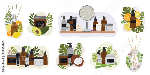 Big set of compositions with organic cosmetic products in bottles, jars for skin care with abstract shape and greenery. Cleanser, tonner, serum, cream product. Hand draw vector illustration