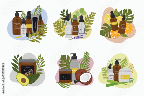 Big set of compositions with organic cosmetic products in bottles, jars for skin care with abstract shape and greenery. Cleanser, tonner, serum, cream product. Hand draw vector illustration