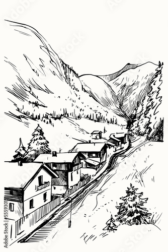 Mountain landscape with snow. Winter Alps panorama view  town  rocks and trees. Hand drawn vector sketch  black and white line art.