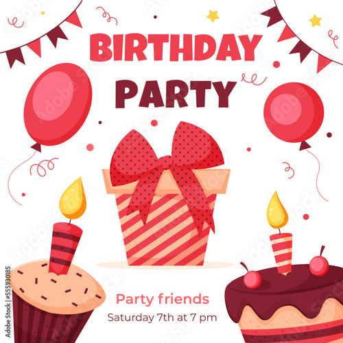 Happy Birthday card with chocolate cake and cupcake with a gift cartoon vector illustration on white background.