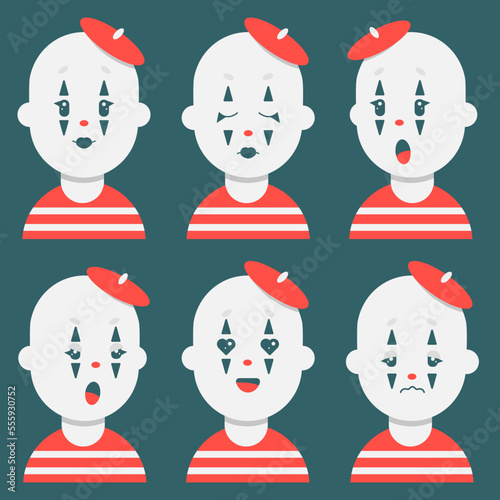 Mime vector illustration in flat style emotion surprise joy anger love face clown