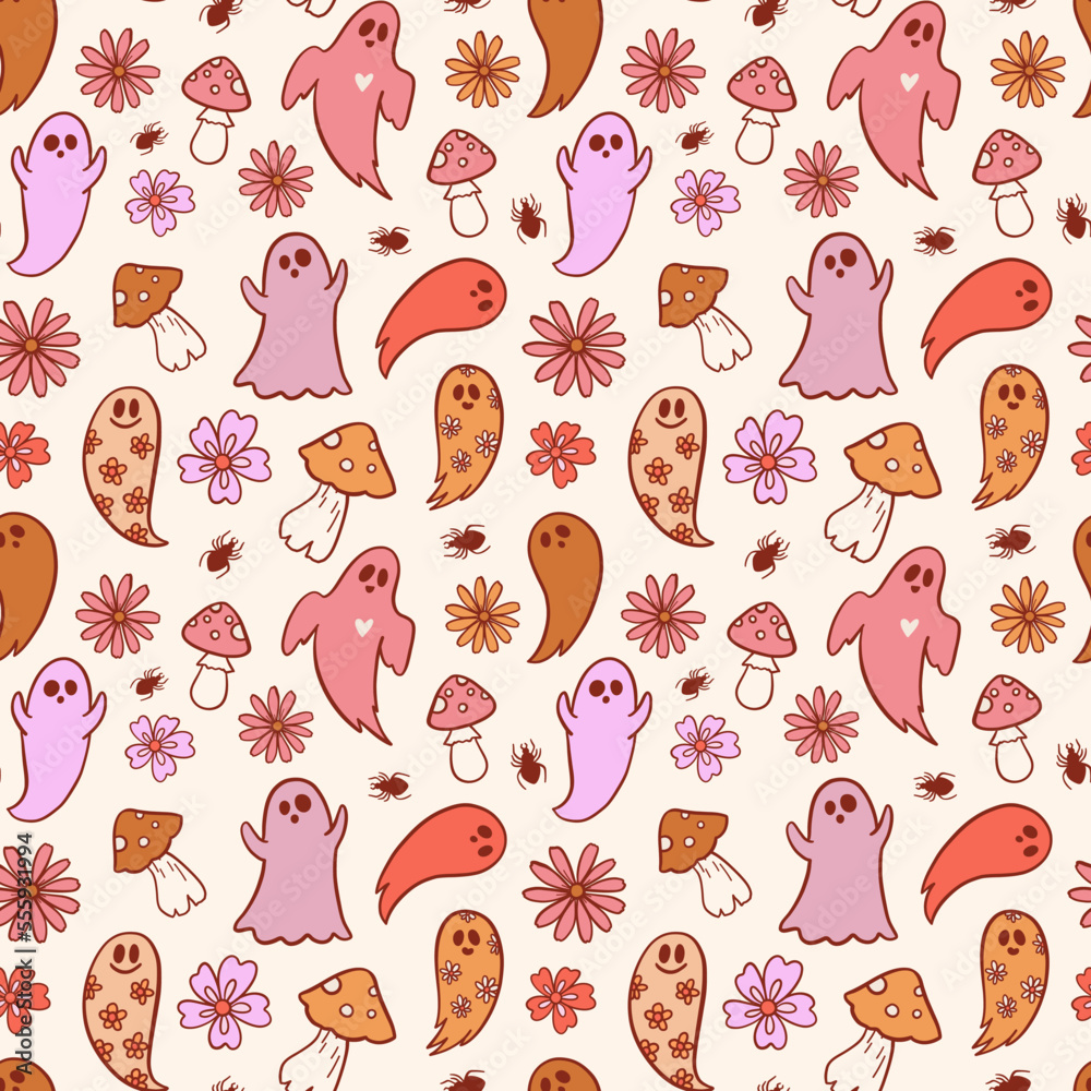 Groovy halloween pattern with pumpkins in retro 70s style. Psychedelic pink illustration of hippie design elements. Vector Groovy halloween pattern with pumpkins in retro 70s style. Psychedelic pink illustration of hippie design elements. Vector