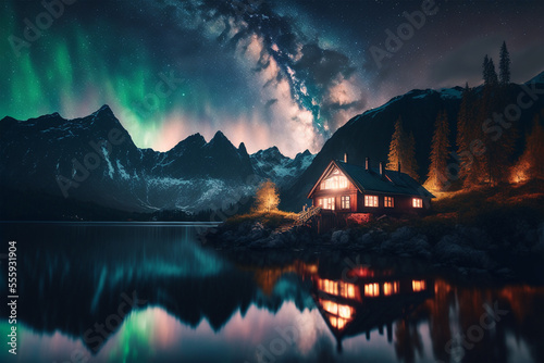 Cottage house under the awesome milkyway night 