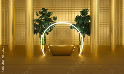 Gold bath in abstract bathroom with plants and circle light 3d rendering