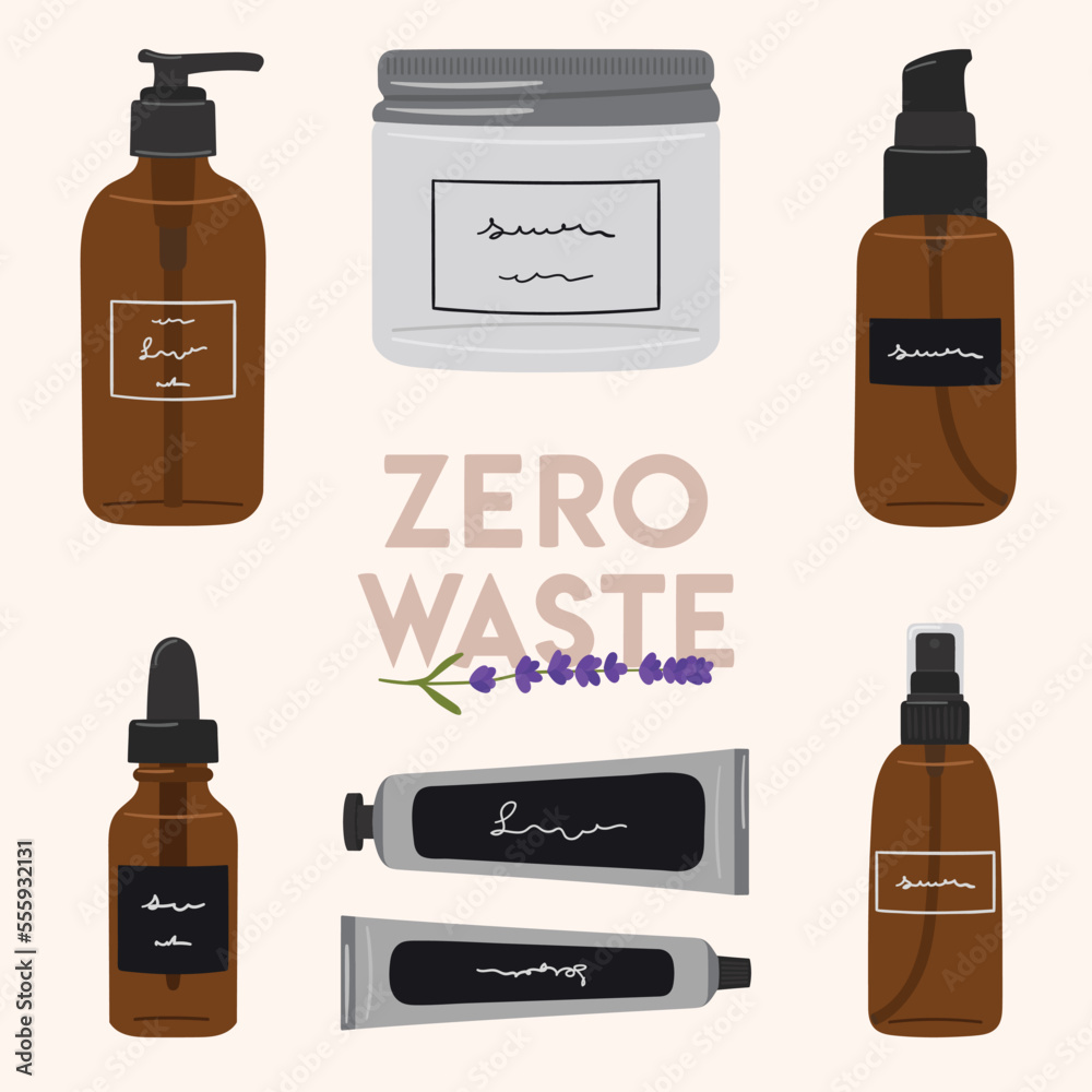 Set of zero waste organic cosmetics in recycling glass bottle, jar, tube for skin care. Cleanser, tonner, serum, cream product. Hand draw vector illustration Set of zero waste organic cosmetics in recycling glass bottle, jar, tube for skin care. Cleanser, tonner, serum, cream product. Hand draw vector illustration