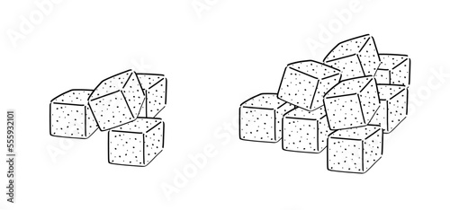 Cartoon, hand draw sugar cubes. Vector sugar cube icon or symbol. Line pattern. Pile of sugar cubes. World diabetes day. Pure, white crystal block.