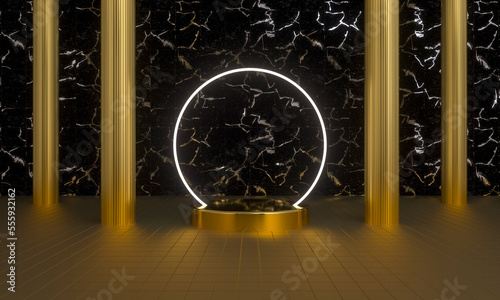 Gold platform with circle light 3D rendering