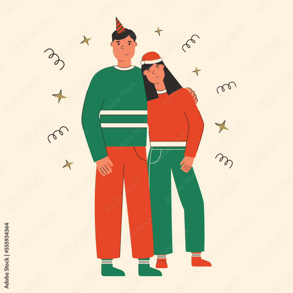 People celebrating Christmas. Female and male character in christmas outfits standing together. Flat vector illustration, isolated. People celebrating Christmas. Female and male character in christmas outfits standing together. Flat vector illustration, isolated.