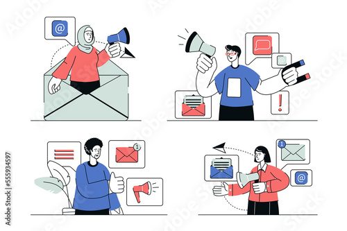 Email marketing concept set in flat line design. Men and women with megaphones making ad campaign, send promo letters to attract customers. Illustration with outline people scene for web