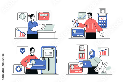Online payment concept set in flat line design. Men and women pay bills and taxes, make purchases in online stores using laptop or mobile app. Illustration with outline people scene for web © Andrey