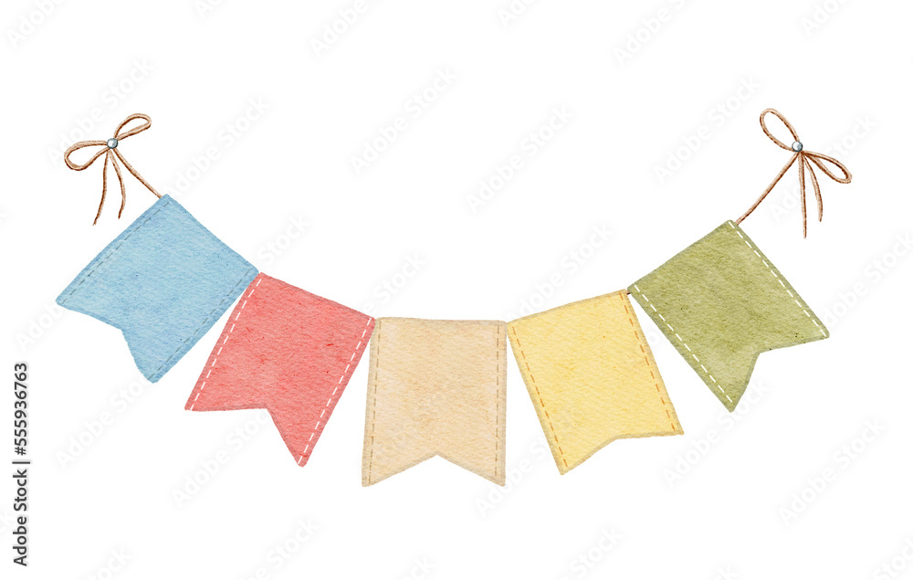 Watercolor colorful rustic funny Happy birthday banner with flags