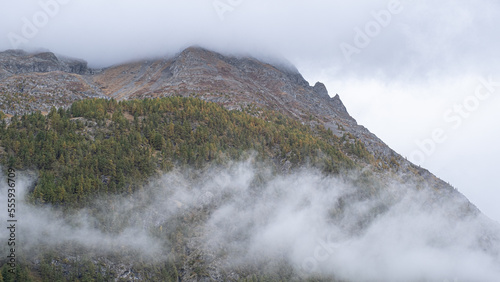 Autumn colors in the mountains as seen from the small village of Les Cours, near Villar d'Arene and Col du Lautaret, Hautes-Alpes, France