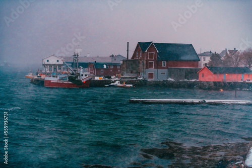 Traditional Norwegian fisherman's cabins and boats