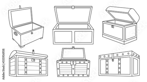Chest treasure outline vector set icon. Vector illustration on wooden box of gold white background. Isolated vector outline set icon chest treasure.