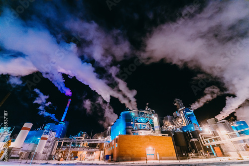 Night photograph of the largest paper production industry in Scandinavia photo