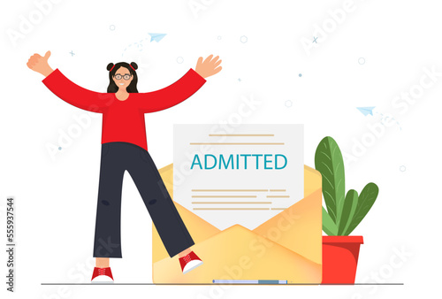 Happy woman, girl happy with recieved e-mail, admitting the documents, recieving positive answer, getting incoming letter by e-mail with admitted documents, hiring people on work concept, flat vector 