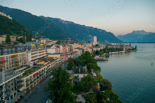 Evening view over Lake Geneva in Montreux, Switzerland.