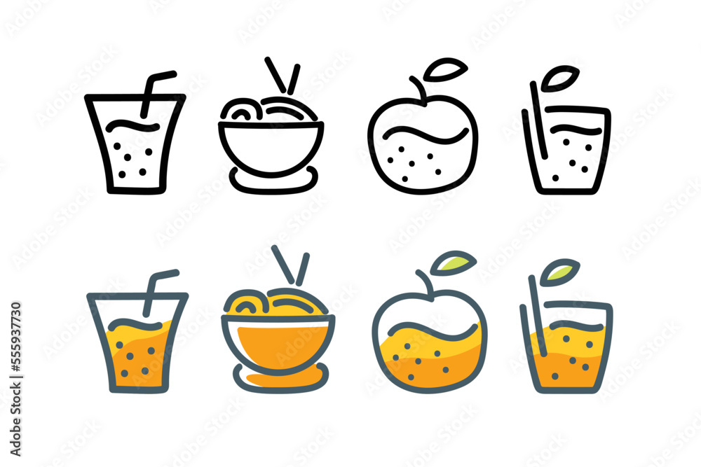 Obraz premium Food and drink doodle logo illustration set