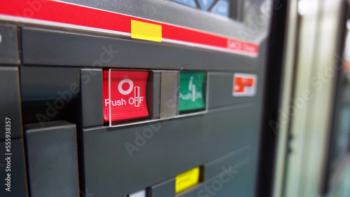 Control buttons and light indicating the work status installed in front of the electric control cabinet installed in the electric control room. Automatic Industry Concept Energy and industrial use