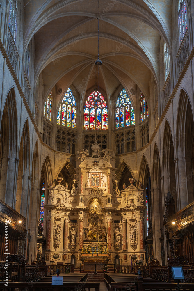 Vertical view of the choir and stained glass inside historic landmark St Etienne or St Stephen cathedral, Toulouse, France 