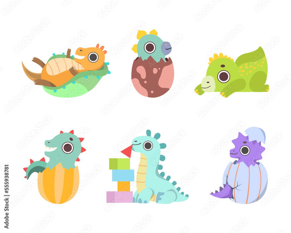 Obraz premium Cartoon Baby Dragon as Newborn Creature Playing and Having Fun Vector Set