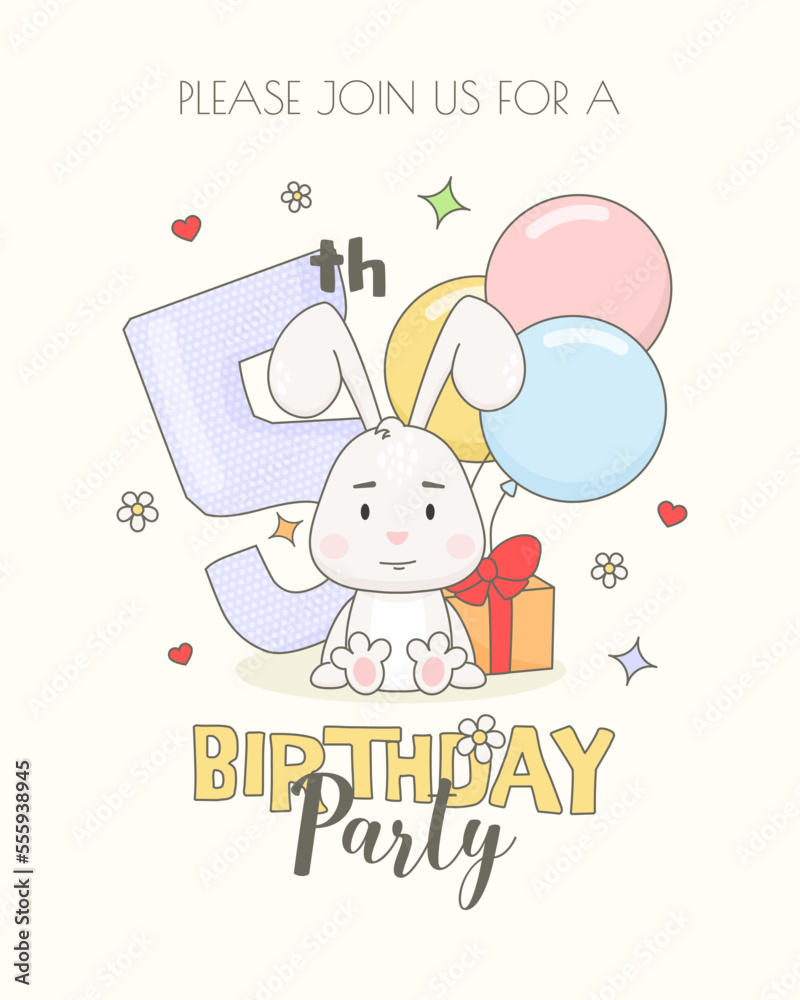 Colorful 5th birthday invitation card template with cute bunny, gift box and balloons. Colorful 5th birthday invitation card template with cute bunny, gift box and balloons.