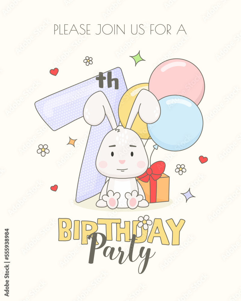 Colorful 7th birthday invitation card template with cute bunny, gift box and balloons. Colorful 7th birthday invitation card template with cute bunny, gift box and balloons.
