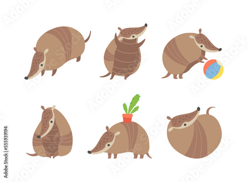 Cute Armadillo Character with Armor Shell Engaged in Different Activity Vector Set