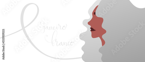 White January in portuguese Janeiro Branco, Brazil campaign for mental health awareness banner. Handwritten calligraphy lettering, latina adult woman vector