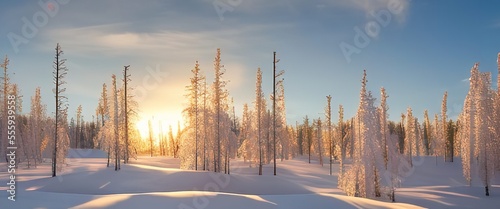 Winter landscape of Snow and sunrise. Winter landscape with snow, trees, sunrise, sunshine.