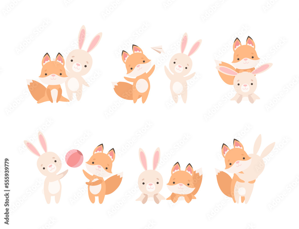 Fototapeta premium Pretty Little Bunny and Fox Cub Playing Together as Best Friends Vector Set
