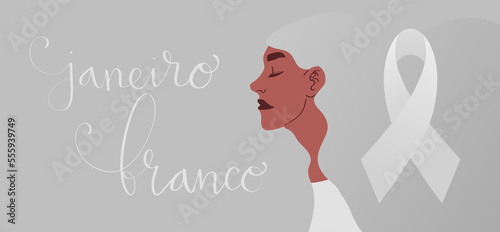 White January in portuguese Janeiro Branco, Brazil campaign for mental health awareness banner. Handwritten calligraphy lettering, latina adult woman vector