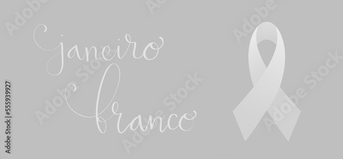 White January in portuguese Janeiro Branco, Brazil campaign for mental health awareness banner. Handwritten calligraphy lettering, awareness ribbon isolated