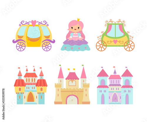Royal Princess in Pretty Dress and Carriage with Castle Vector Set