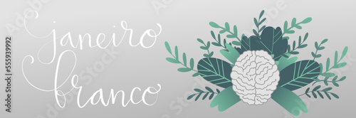 White January in portuguese Janeiro Branco, Brazil campaign for mental health awareness banner. Handwritten calligraphy lettering, brain, plant leaf and branch vector