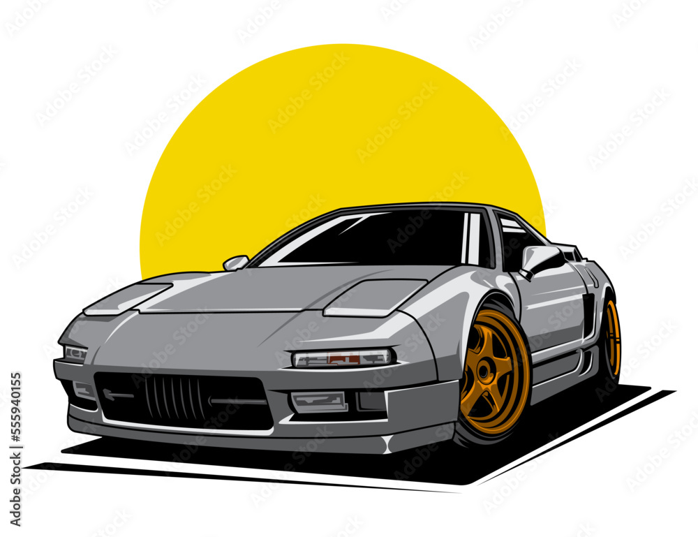 90s sport car design illustration in grey color with round yellow behind graphic vector