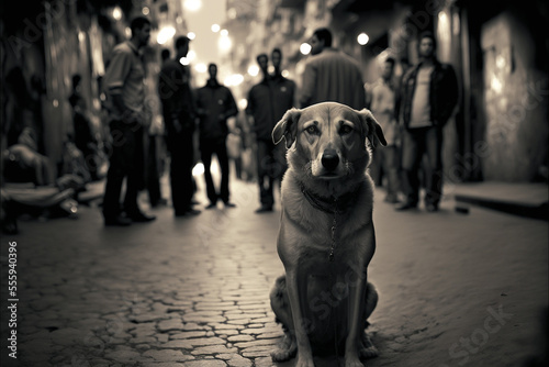 Documentary Portrait of a Stray Dog Struggling to Survive in the Crowded, Bustling City Streets, Its Small Size Vulnerability Captured Through Low Angle, Golden Light that Conveys a Mood of Isolation
