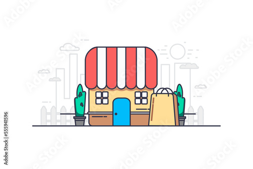 Shopping concept in flat outline design. Sales season  making purchases. Illustration with colorful line web scene with shop building with striped awning  boutique showcase on street cityscape