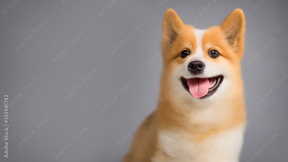Adorable happy puppy dog smiling on grey background. Perfect for pet lovers, this bright and cheerful image is sure to bring joy to your day.