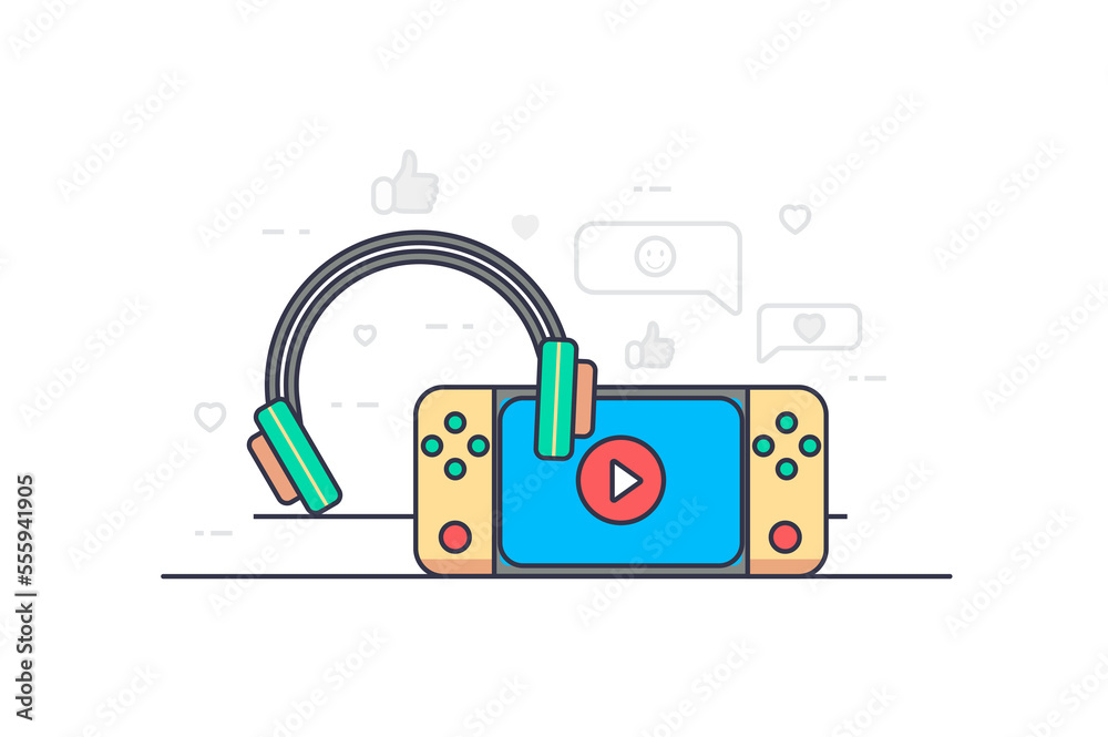 Game device concept in flat outline design. Console or joypad. Gadgets for entertainment. Illustration with colorful line web scene with gamepad with touchscreen for video games and headphones Game device concept in flat outline design. Console or joypad. Gadgets for entertainment. Illustration with colorful line web scene with gamepad with touchscreen for video games and headphones