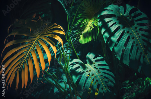Tropical plants leaf on black background